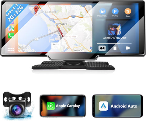 Autoradio Wireless Apple Carplay & Android Auto Tocuchscreen 10,26 Pollici Portatile ，7-32V Monitor con A-pple Airplay/Assistente Vocale/Bluetooth/Trasmettitore FM/AUX/TF Card