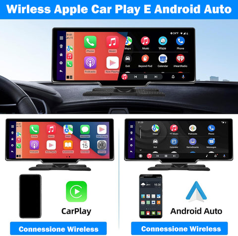 Autoradio Wireless Apple Carplay & Android Auto Tocuchscreen 10,26 Pollici Portatile ，7-32V Monitor con A-pple Airplay/Assistente Vocale/Bluetooth/Trasmettitore FM/AUX/TF Card