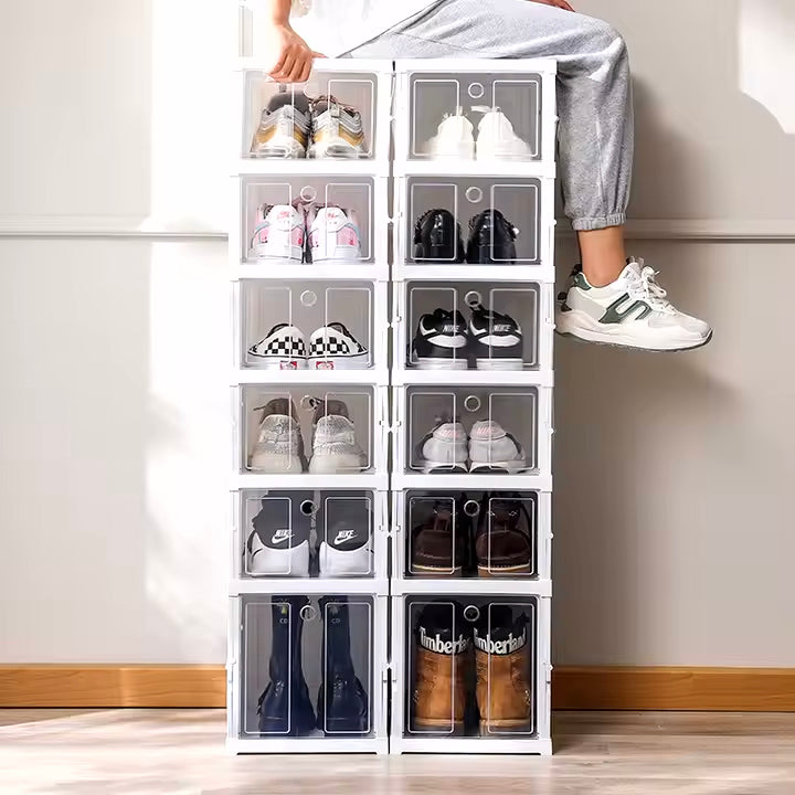 Scatole per Scarpe, Set di 6 Organizzatori Porta Scarpe Impilabili, Scarpiera Pieghevole e Componibile, per fino alla Taglia 46, Assemblaggio 60s