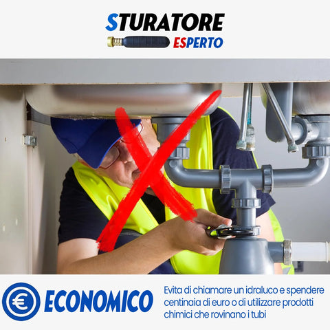 Sturatore Experto® – Ökologischer Hochdruck-Abflussreiniger, einfach und schnell, für Waschbecken, Wannen, Toiletten, Wannen, Dachrinnen, Abflüsse (32–80 mm)