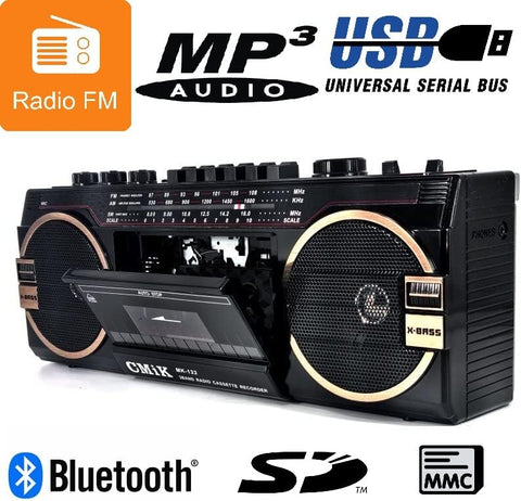 Stereo Portatile e Alimentato Tramite Cavo a Cassetta MP3 Bluetooth USB SD Radio AM-FM Lettore Audio Musicassette Mangianastro Registratore Audiocassette Mangiacassette Vintage Retro' Stile Anni 80