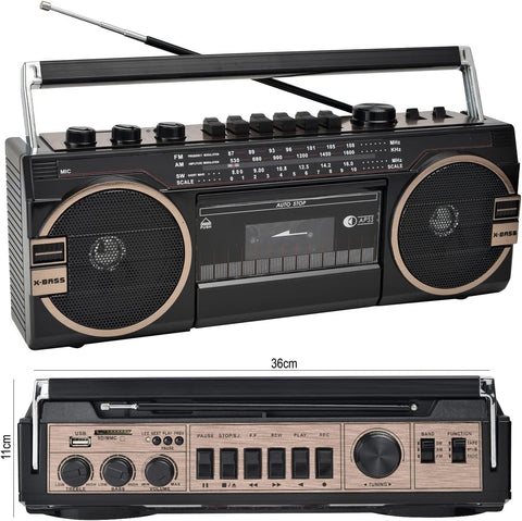 Stereo Portatile e Alimentato Tramite Cavo a Cassetta MP3 Bluetooth USB SD Radio AM-FM Lettore Audio Musicassette Mangianastro Registratore Audiocassette Mangiacassette Vintage Retro' Stile Anni 80