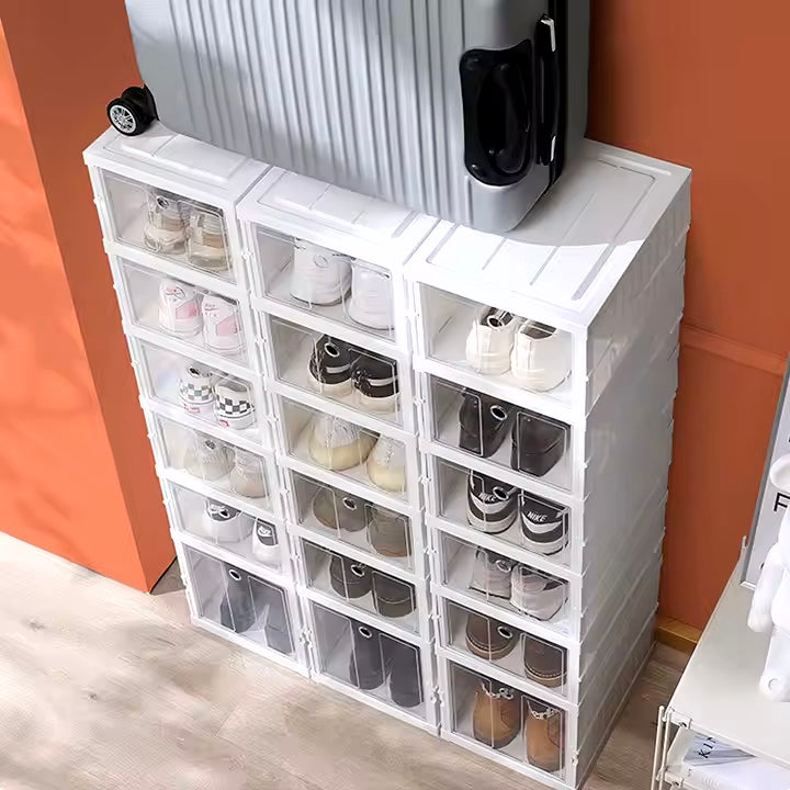 Scatole per Scarpe, Set di 6 Organizzatori Porta Scarpe Impilabili, Scarpiera Pieghevole e Componibile, per fino alla Taglia 46, Assemblaggio 60s