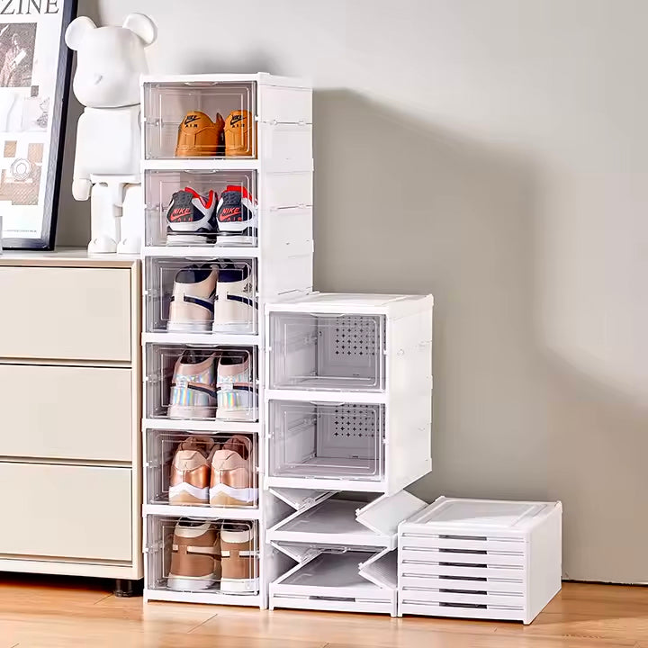 Scatole per Scarpe, Set di 6 Organizzatori Porta Scarpe Impilabili, Scarpiera Pieghevole e Componibile, per fino alla Taglia 46, Assemblaggio 60s